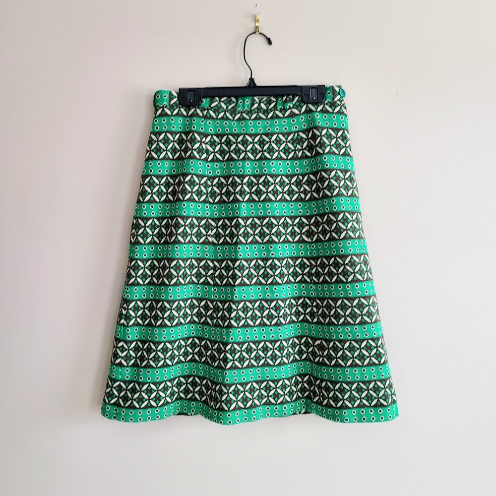 Vintage 60s green brown beige geometric patterned high waisted midi winter skirt
